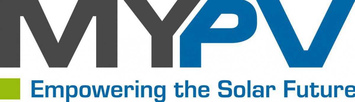Logo in Grau, Blau und Grün: MYPV - Empowering the Solar Future