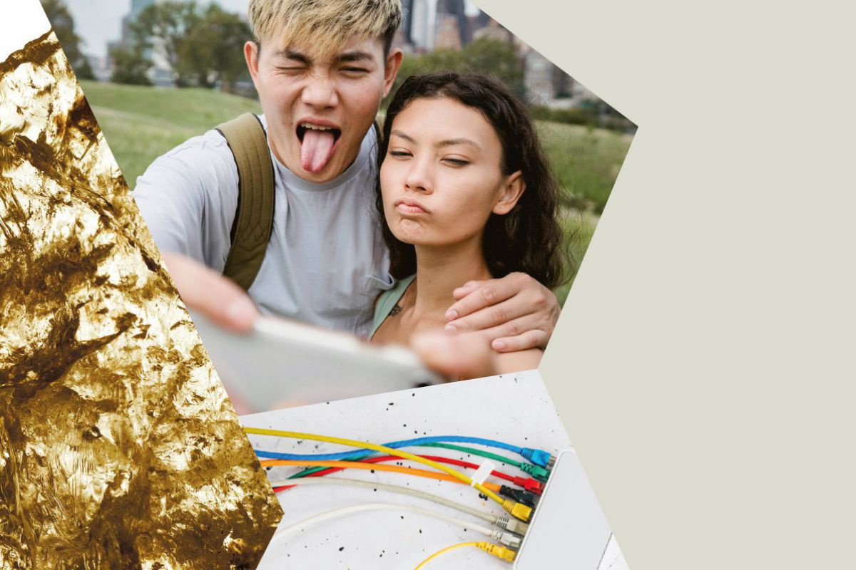 Eine Collage aus einer Nahaufnahme von Gold, bunten Netzwerkkabeln und einem jungen Pärchen, das mit dem Handy ein Selfie schießt.