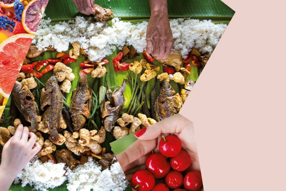 Eine Collage aus Fisch, Gemüse und Reis, die sich Hände von Palmenblättern nehmen, einer Handvoll Kirschen und einer Nahaufnahme von Zitrusfrüchten.