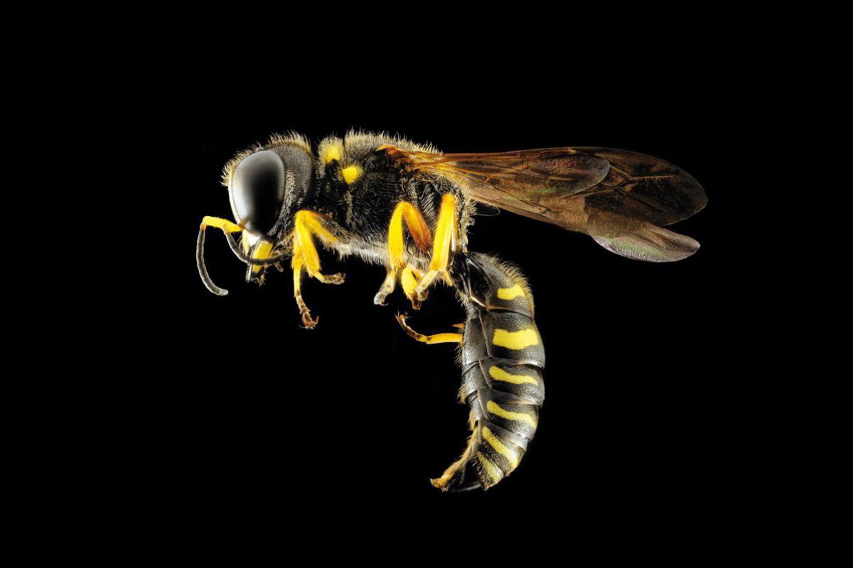 Bild in hoher Auflösung: Eine Wespe im Sinkflug vor tiefschwarzem Hintergrund. Man sieht jedes kleinste Detail und Härchen auf dem gebogenen, schwarz-gelben Körper des Insekts.