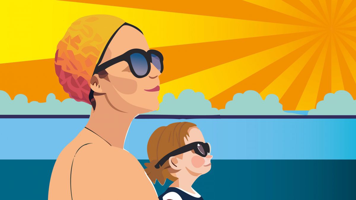 Eine Illustration einer Frau und eines Kindes, die in der Sonne stehen und Sonnenbrillen tragen.
