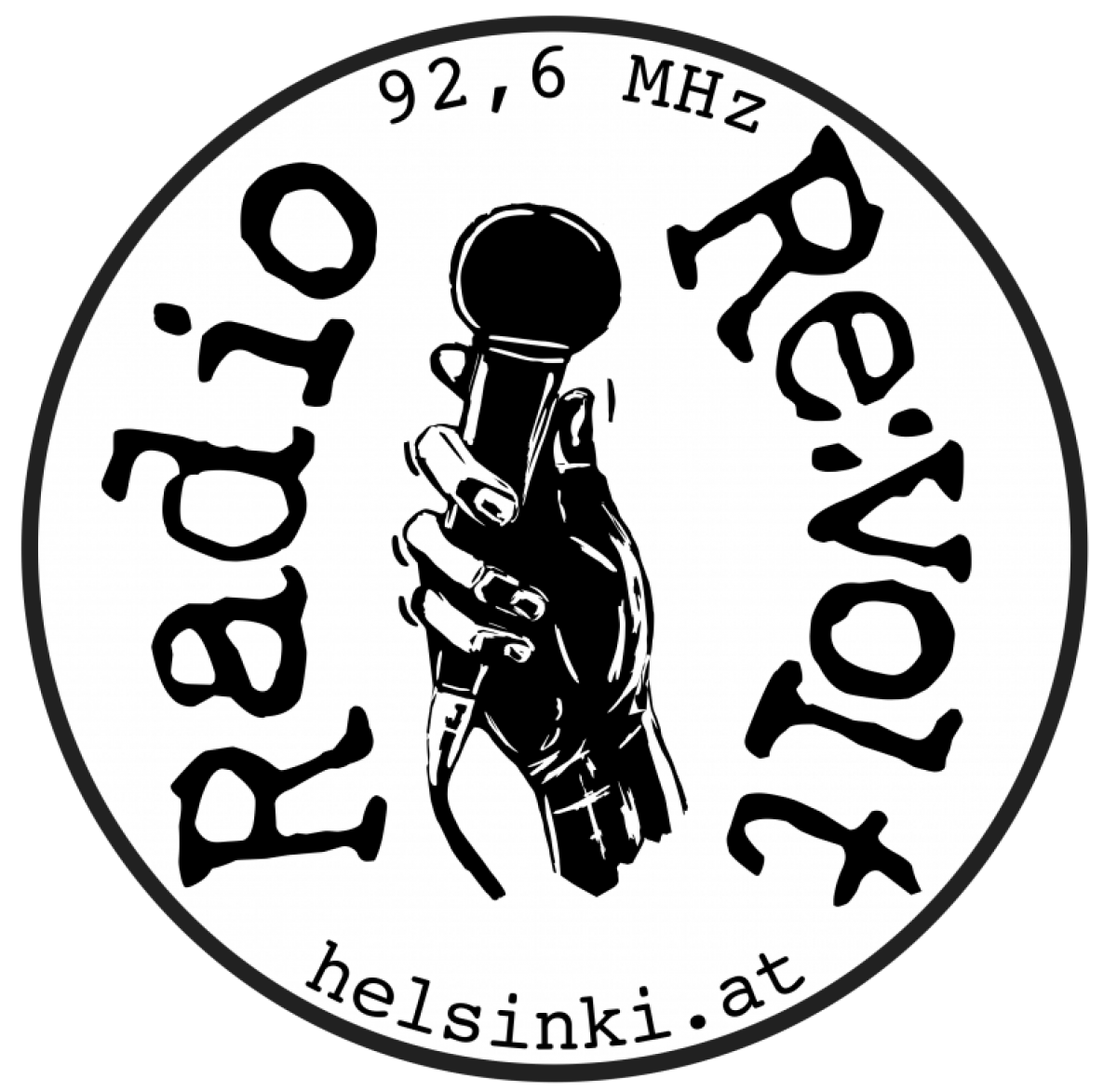 Logo des Radio Re:volt: Ein Kreis, in der Mitte eine Hand, die ein Mikrofon hält, runderhum steht 