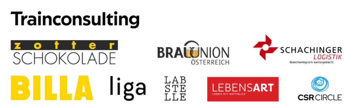 Die Logos von Trainconsulting, Zotter Schokolade, Brauuniion, Schachinger Logistik, Billa, liga, Labstelle, Lebensart und CSR-Circle.