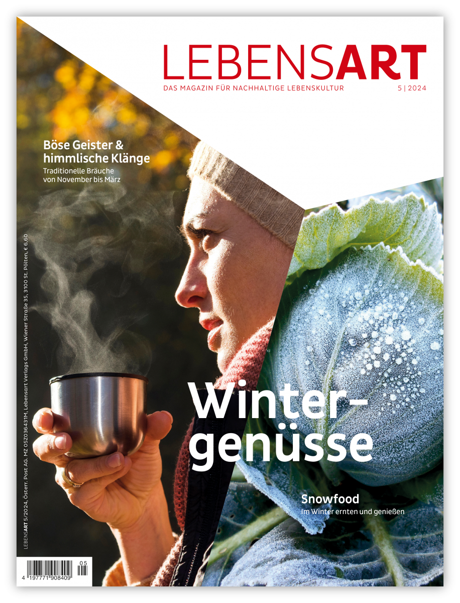 Auf dem Cover der Lebensart sind zwei Bilder zu sehen: Eine Frau die draußen aus einem Becher Tee trinkt und ein Kohlkopf mit Raureif.