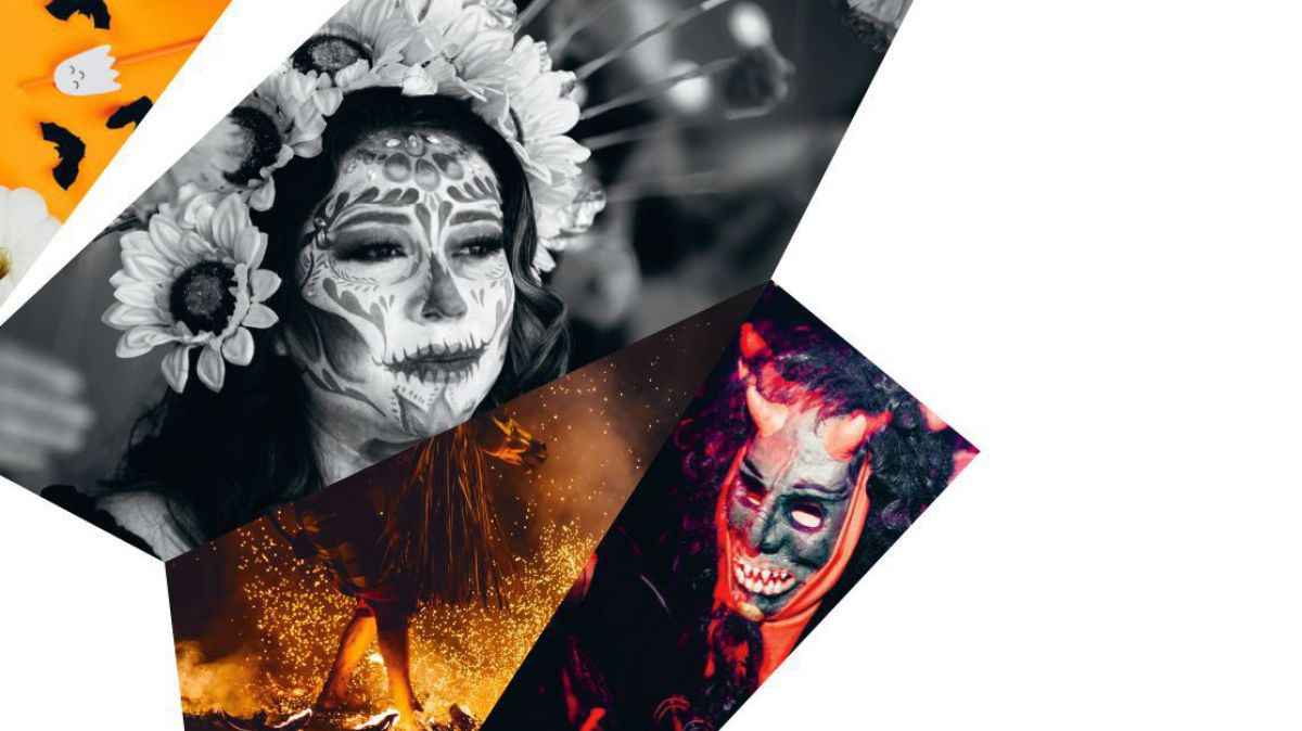 Eine Collage aus 4 Fotos: orange-schwarz-weiße Halloween-Deko mit Fledermäusen und Gespenstern, eine kunstvoll geschminkte Frau mit blumiger Totenmaske und Kopfschmuck in schwarz-weiß, Feuer und Funken bei Nacht und eine Krampusmaske.