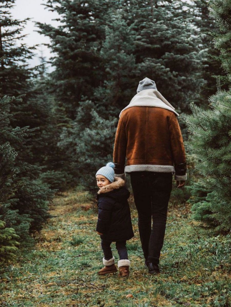 Vater und Sohn in Winterkleidung gehen durch einen Christbaumwald.